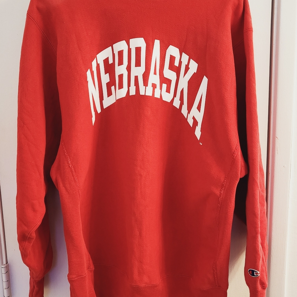 Champion Reverse Weave 90s Nebraska University Red Pullover Sweater, Size L.